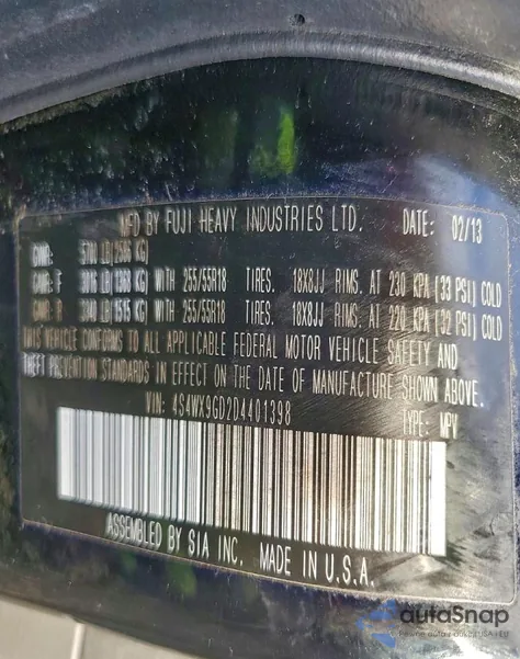 2013 Subaru Tribeca Limited z USA, uszkodzony, nr VIN 4S4WX9GD2D4401398